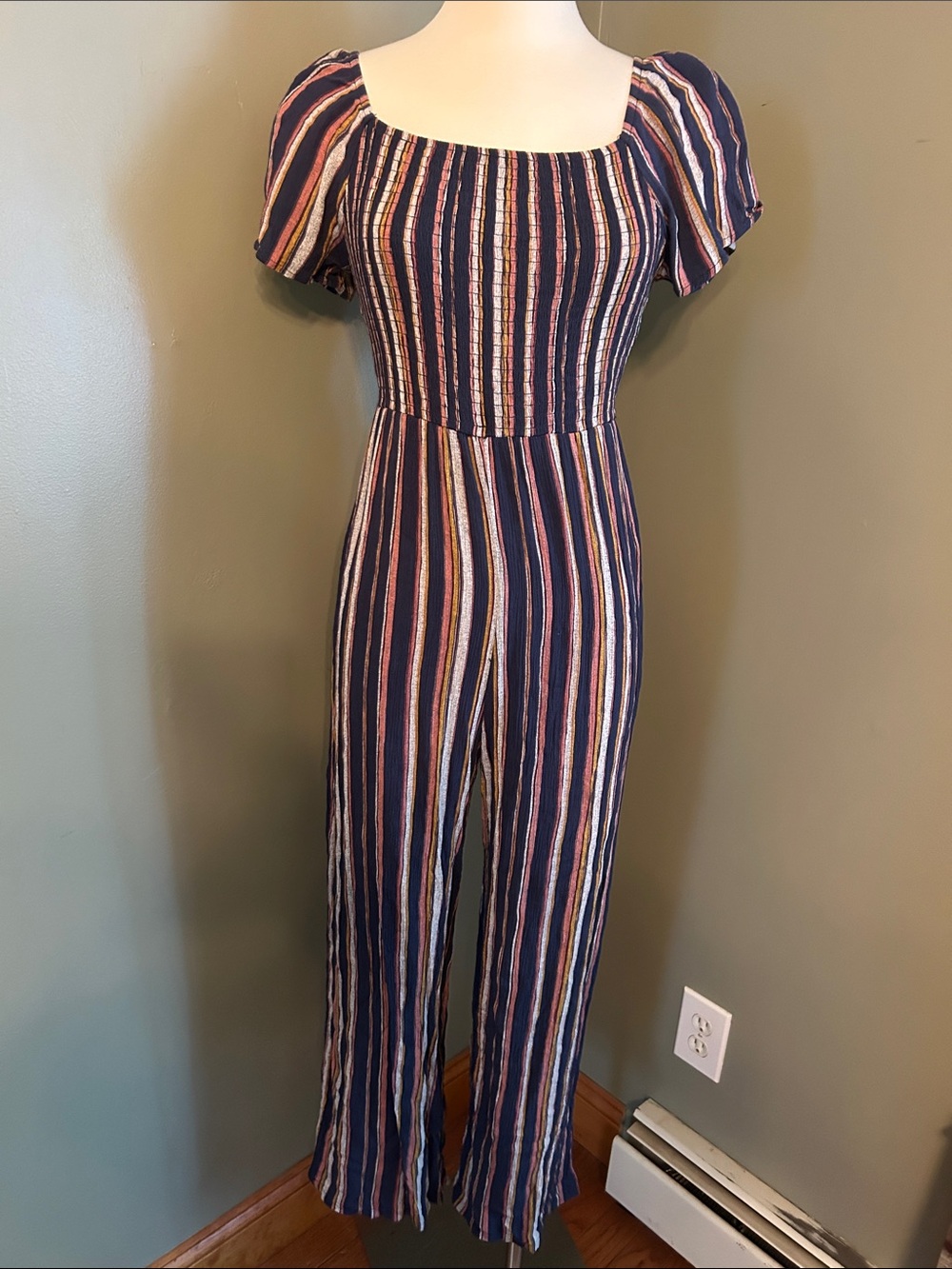 Xhilaration Navy Multicolor Striped Puff Sleeve Jumpsuit